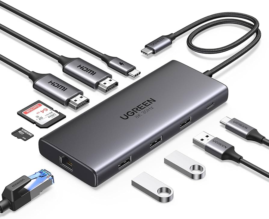 DOCKING STATION USB-C HUB 10 EN 1 UGREEN REVODOK PRO 210 / DUAL HDMI / 3 PUERTOS USB-A + USB-C / CARGA PD 100W / ETHERNET GIGABIT / LECTOR SD Y TF
