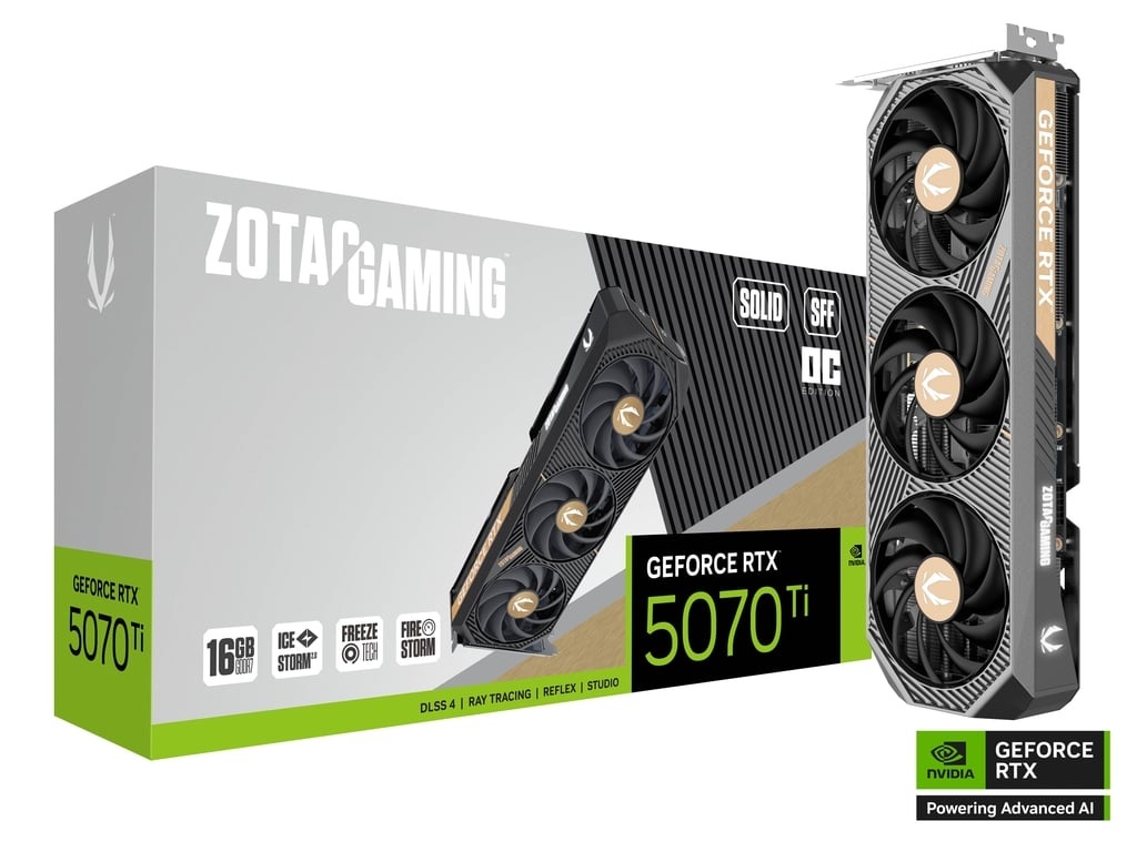 TARJETA DE VIDEO ZOTAC RTX 5070TI SOLID SFF OC 16GB GDDR7,2482 MHZ,HDMI,PCIE 5,3*FAN