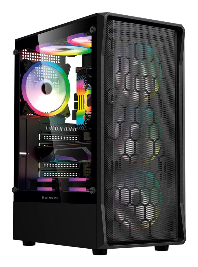 GABINETE BALAM RUSH DRAGONFLY HEX GM560,4*FAN 120MM ARGB 4PIN,CRISTAL+FRENTE MESH,NEGRO